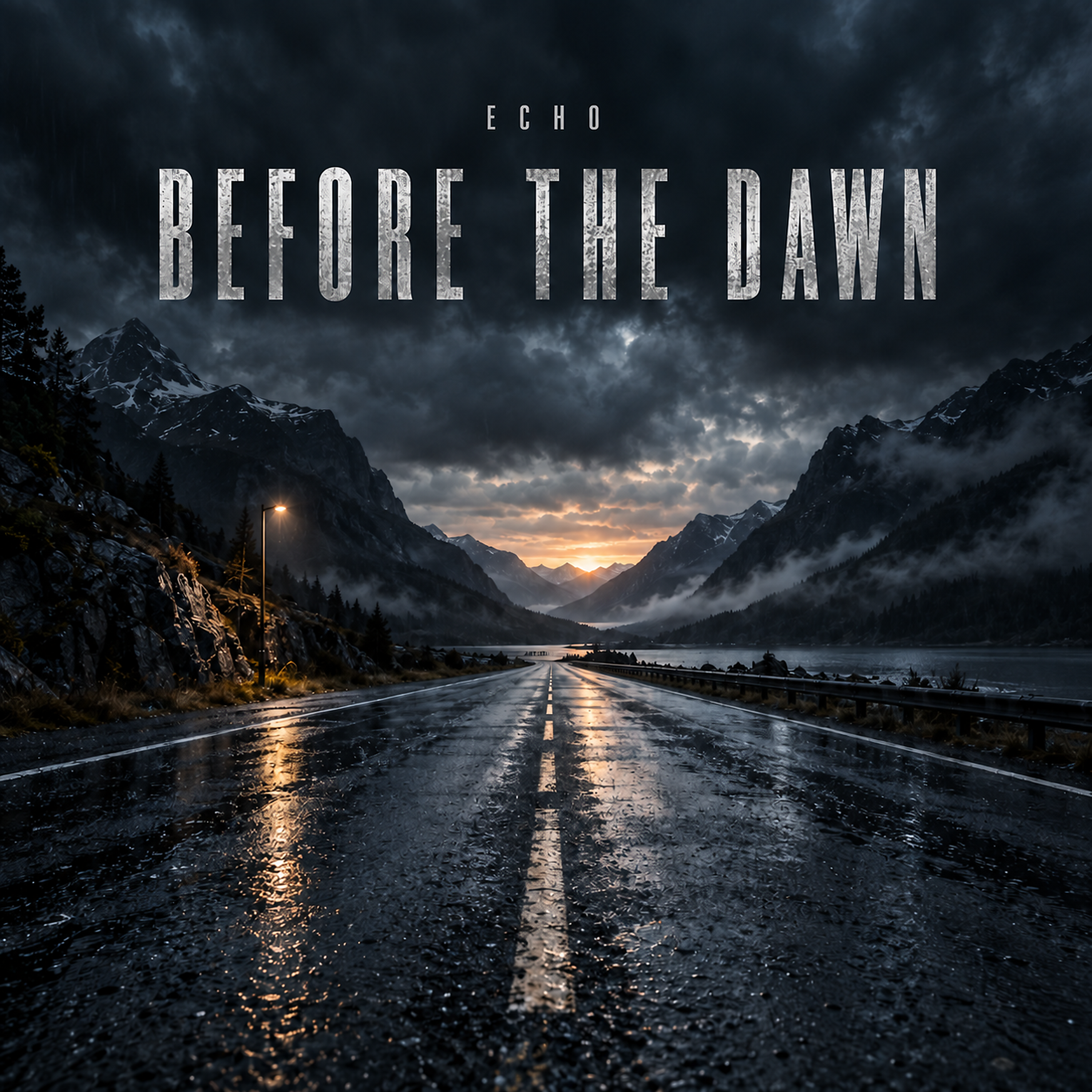 Before the Dawn by Echo — the approved album cover, a wet mountain road leading toward sunrise