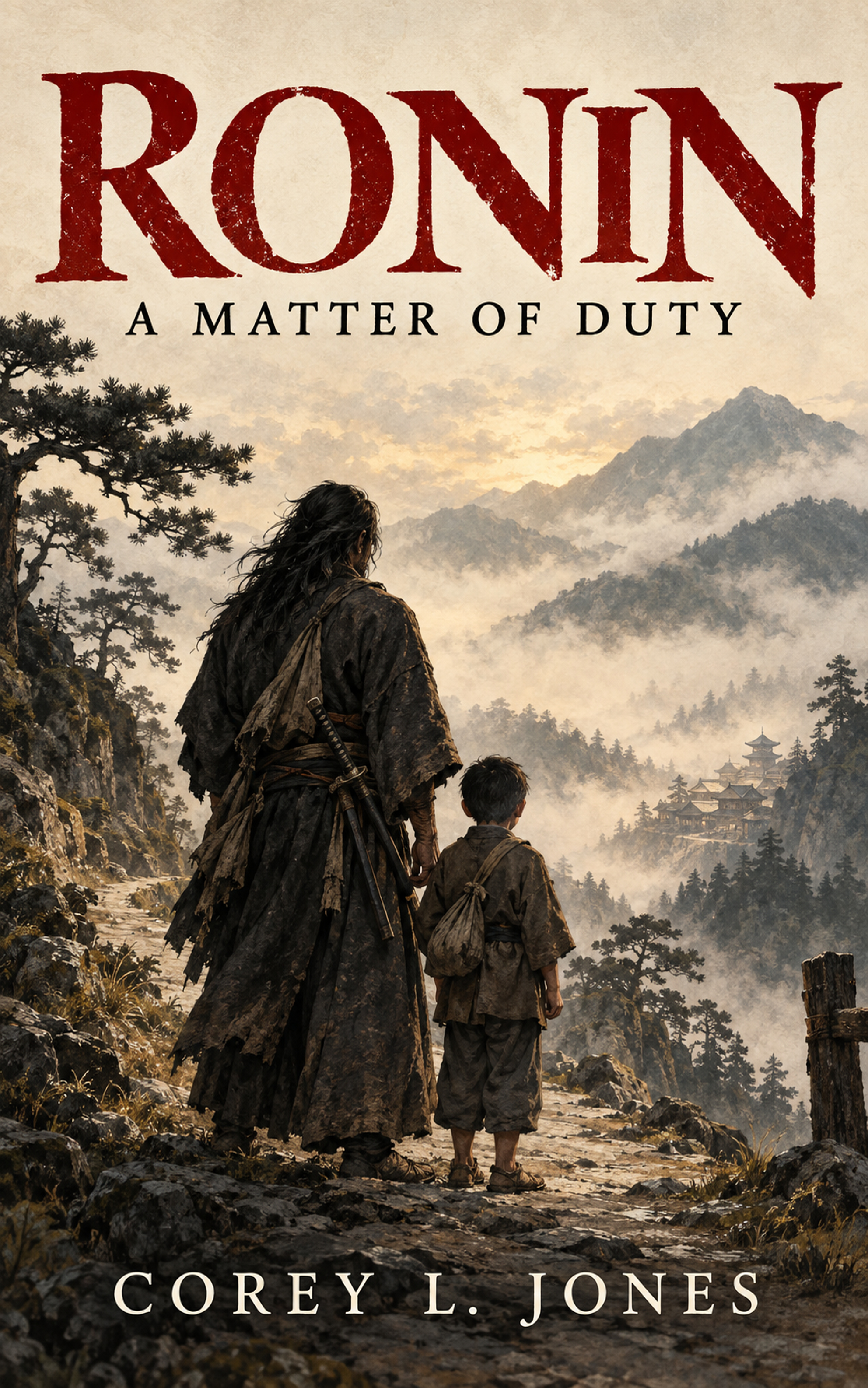 Ronin: A Matter of Duty by Corey L. Jones. A swordsman and a boy walk toward a misty mountain valley.